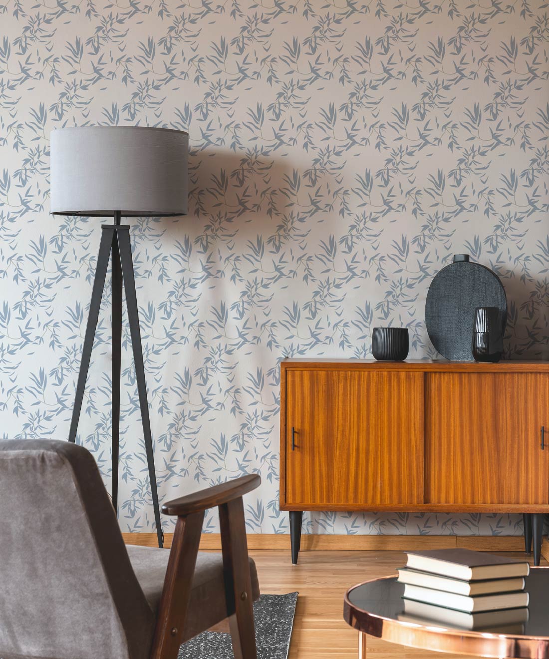 Bamboo Leaves Wallpaper, Dusty Blue