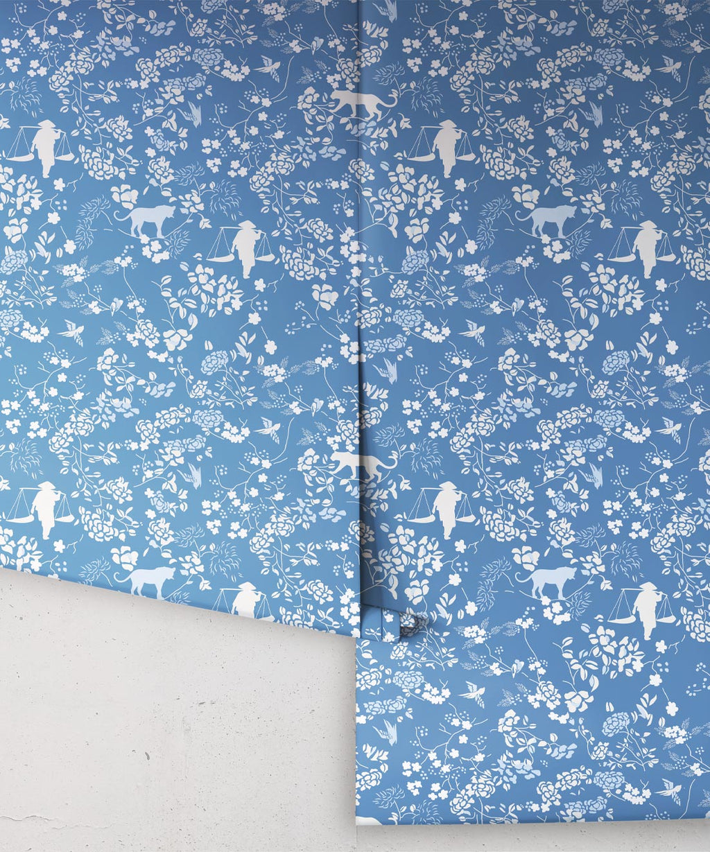 Vintage Floral Wallpaper, Classic Blue