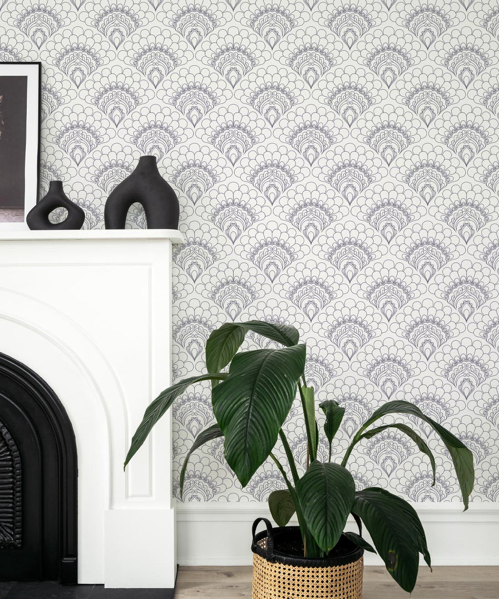 Retro Peacock Wallpaper, Grey
