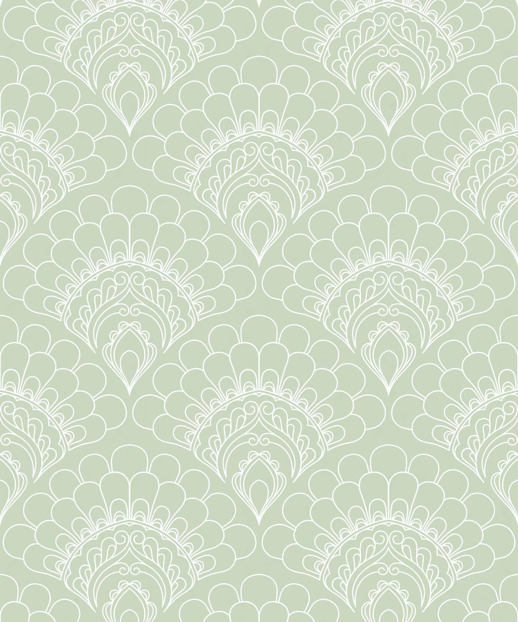 Retro Peacock Wallpaper, Light Green