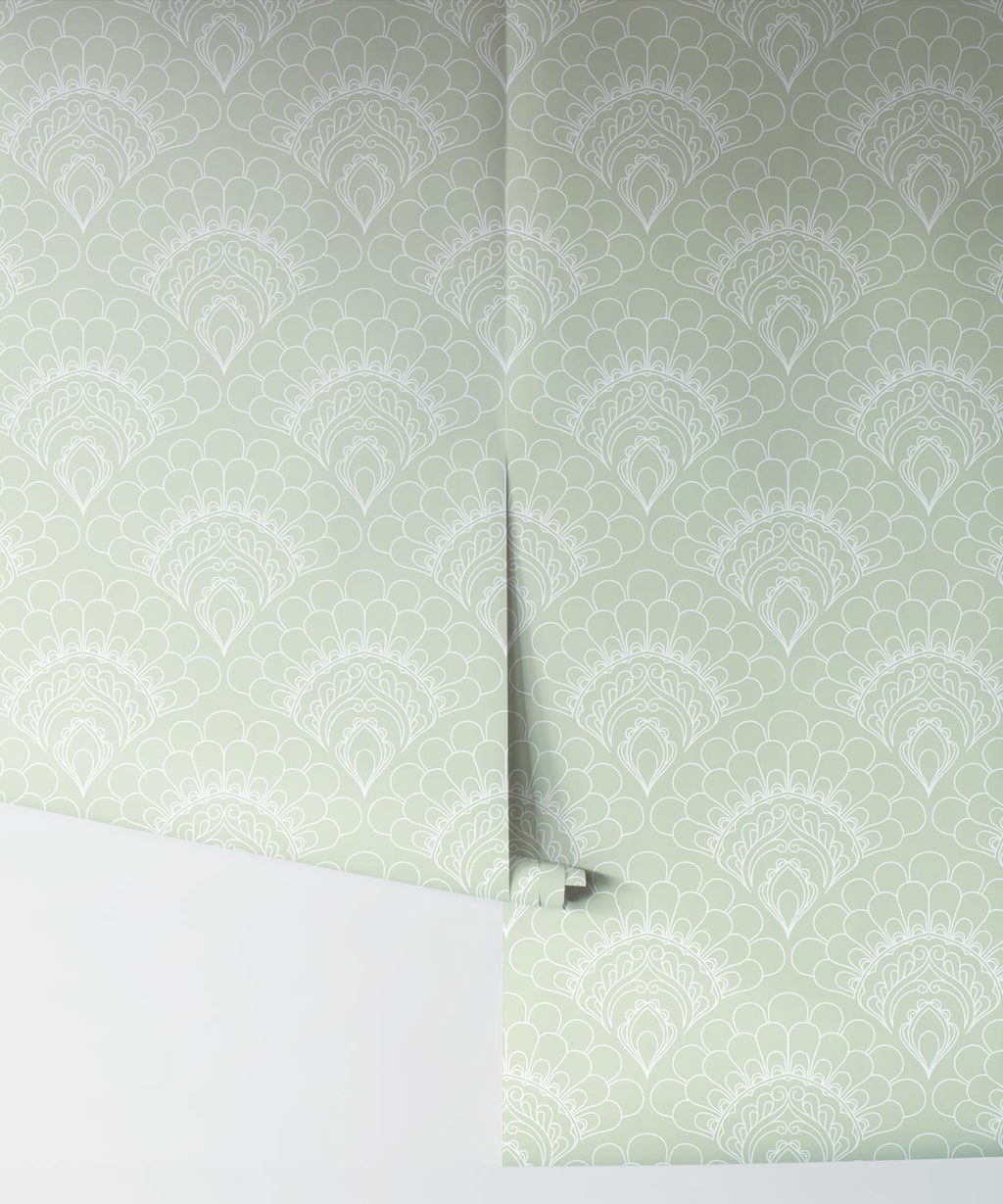 Retro Peacock Wallpaper, Light Green
