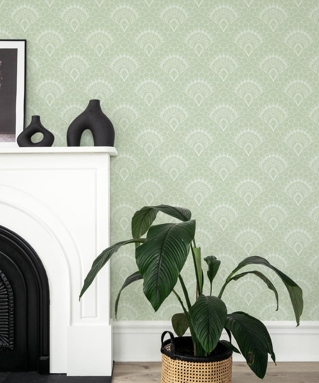 Retro Peacock Wallpaper, Light Green