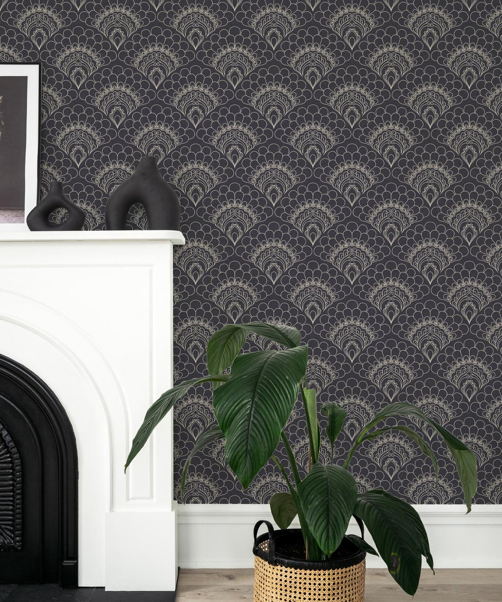 Retro Peacock Wallpaper, Slate