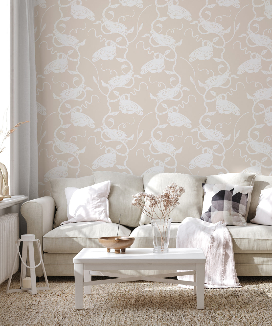 Birds On Vines Wallpaper, Beige