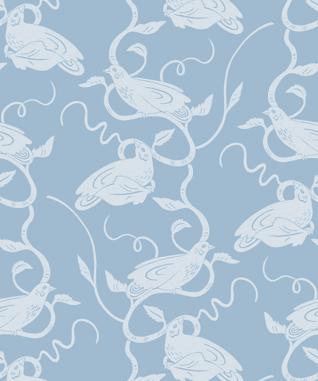 Birds On Vines Wallpaper, Blue