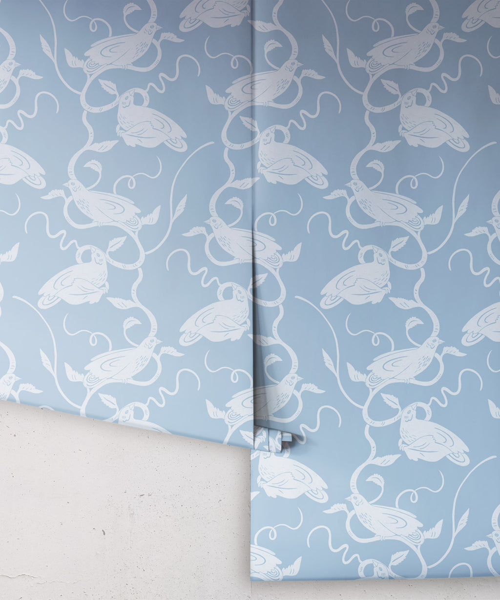 Birds On Vines Wallpaper, Blue