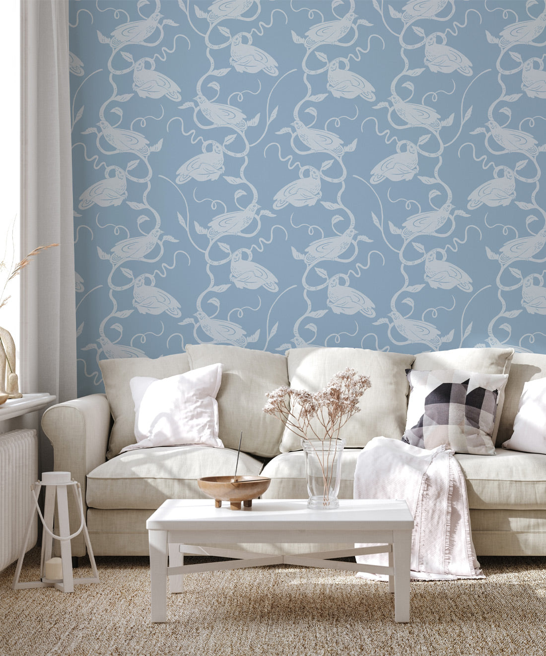 Birds On Vines Wallpaper, Blue