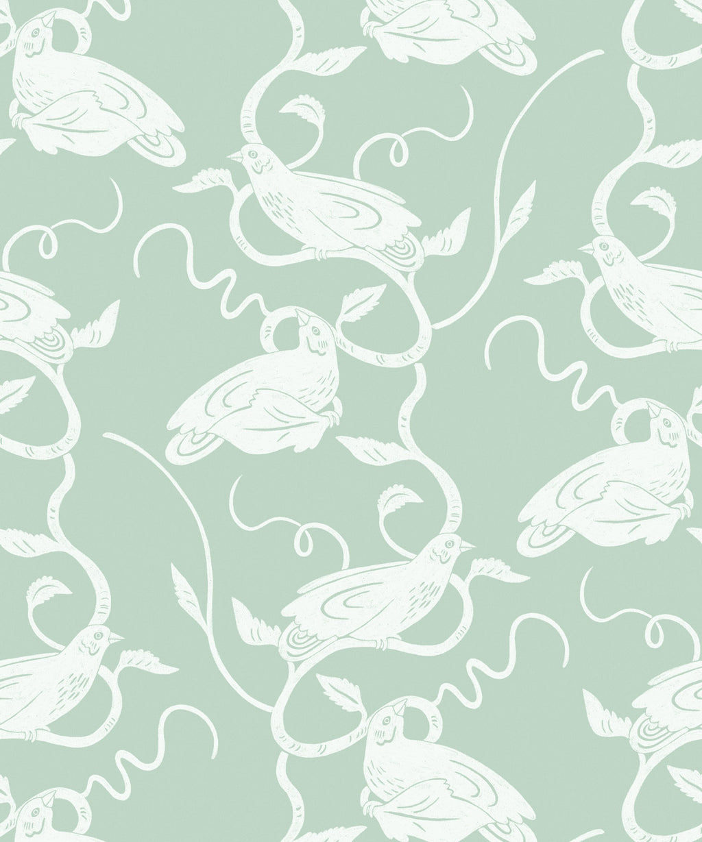 Birds On Vines Wallpaper, Olive
