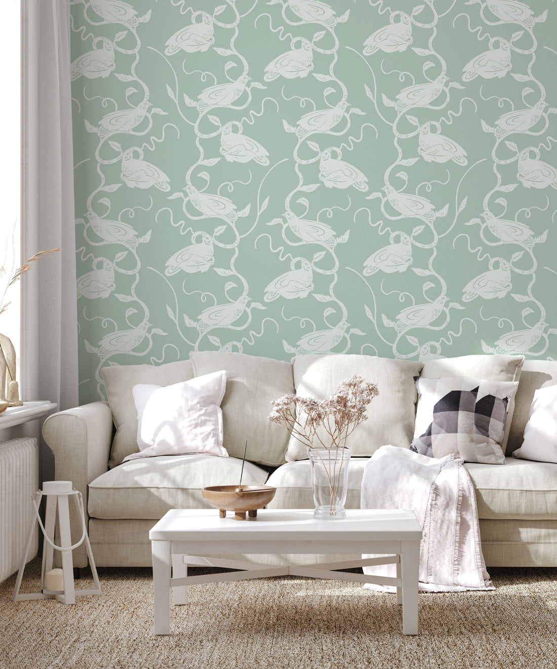 Birds On Vines Wallpaper, Olive