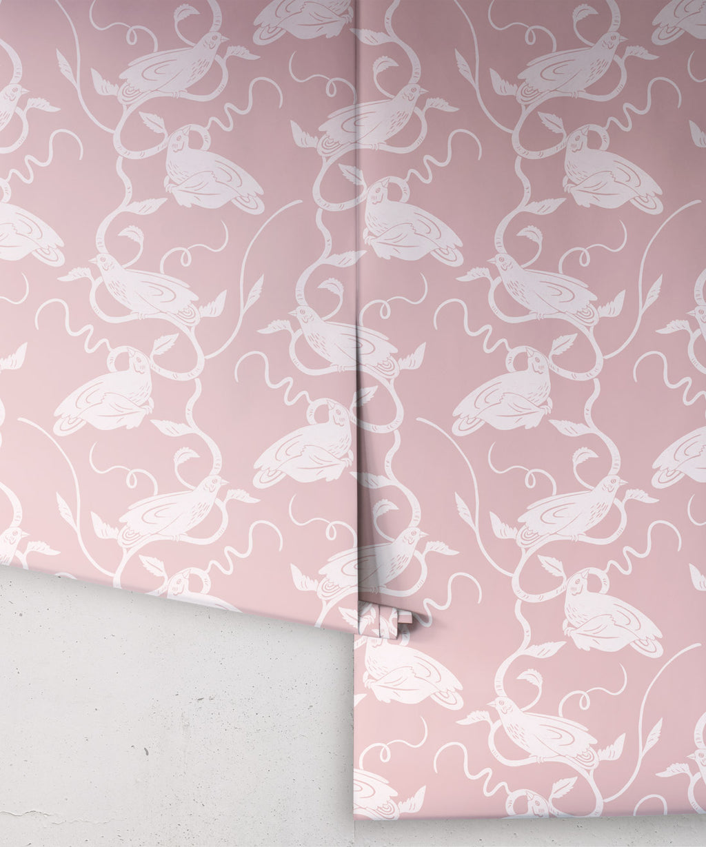 Birds On Vines Wallpaper, Pink