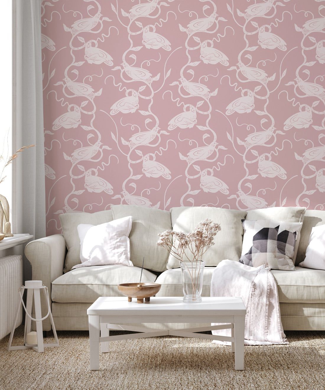 Birds On Vines Wallpaper, Pink