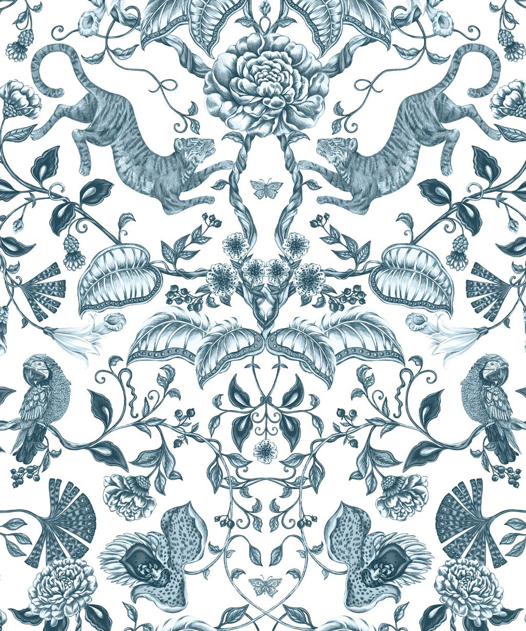 Playful Tiger Wallpaper, Silver Blue