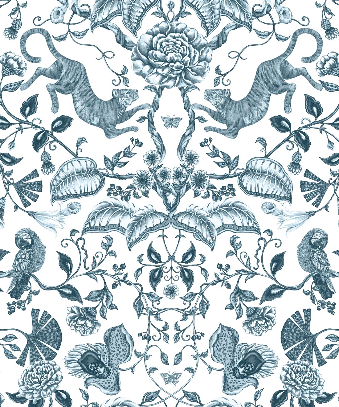 Playful Tiger Wallpaper, Silver Blue