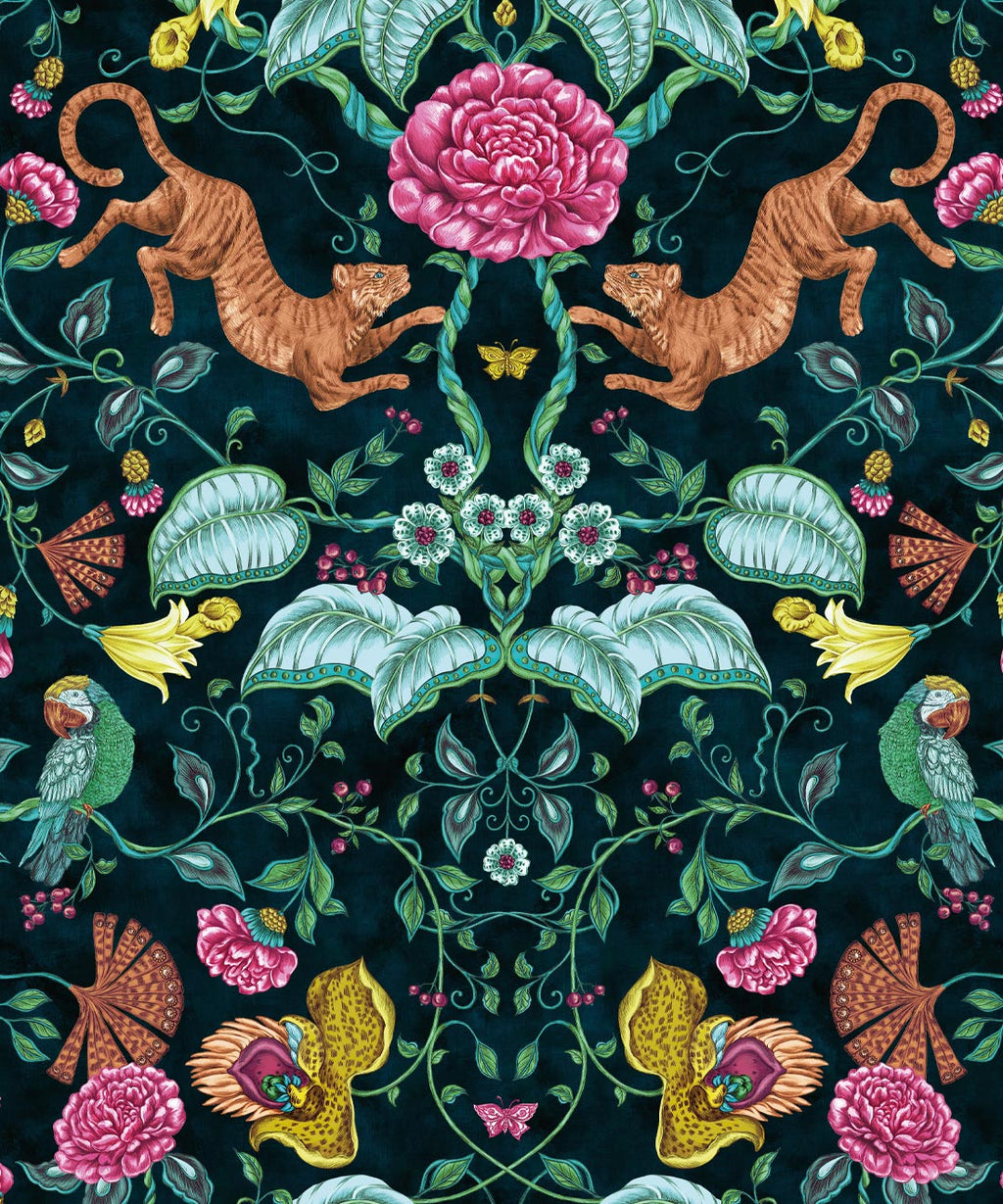Playful Tiger Wallpaper, Teal