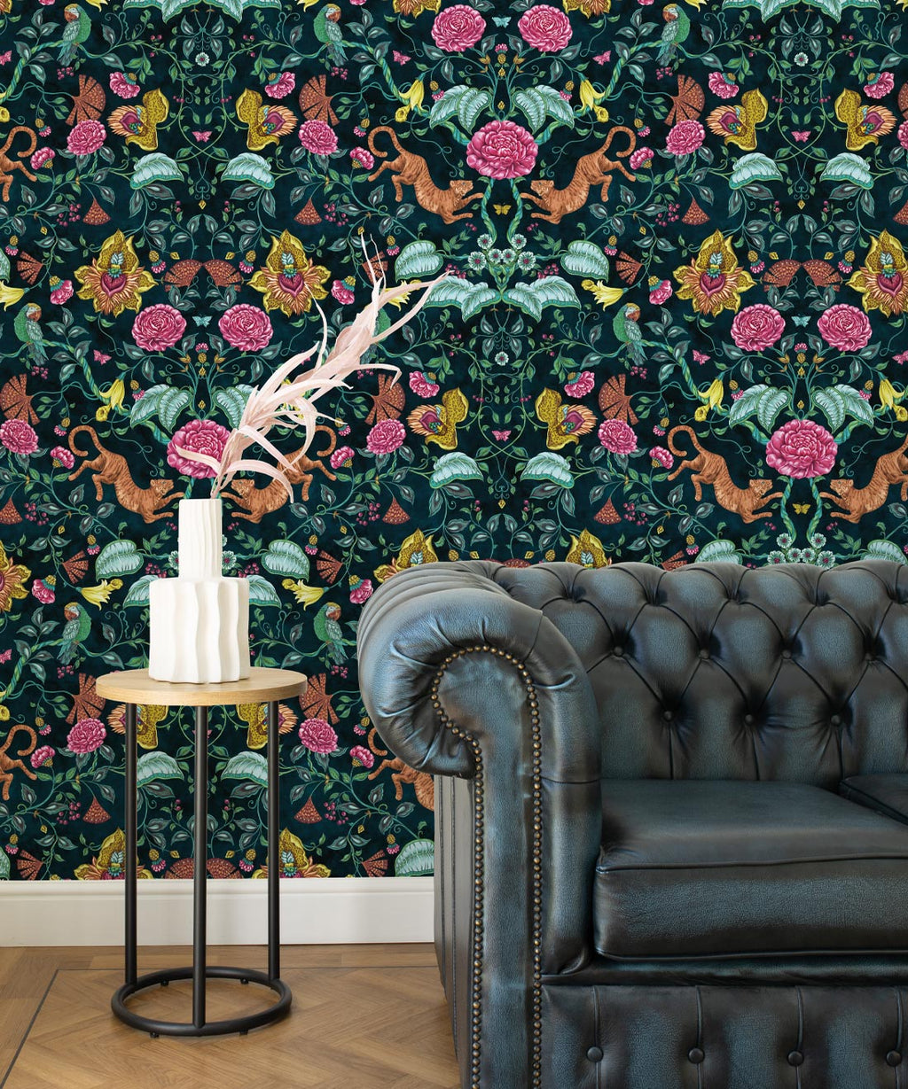 Playful Tiger Wallpaper, Teal