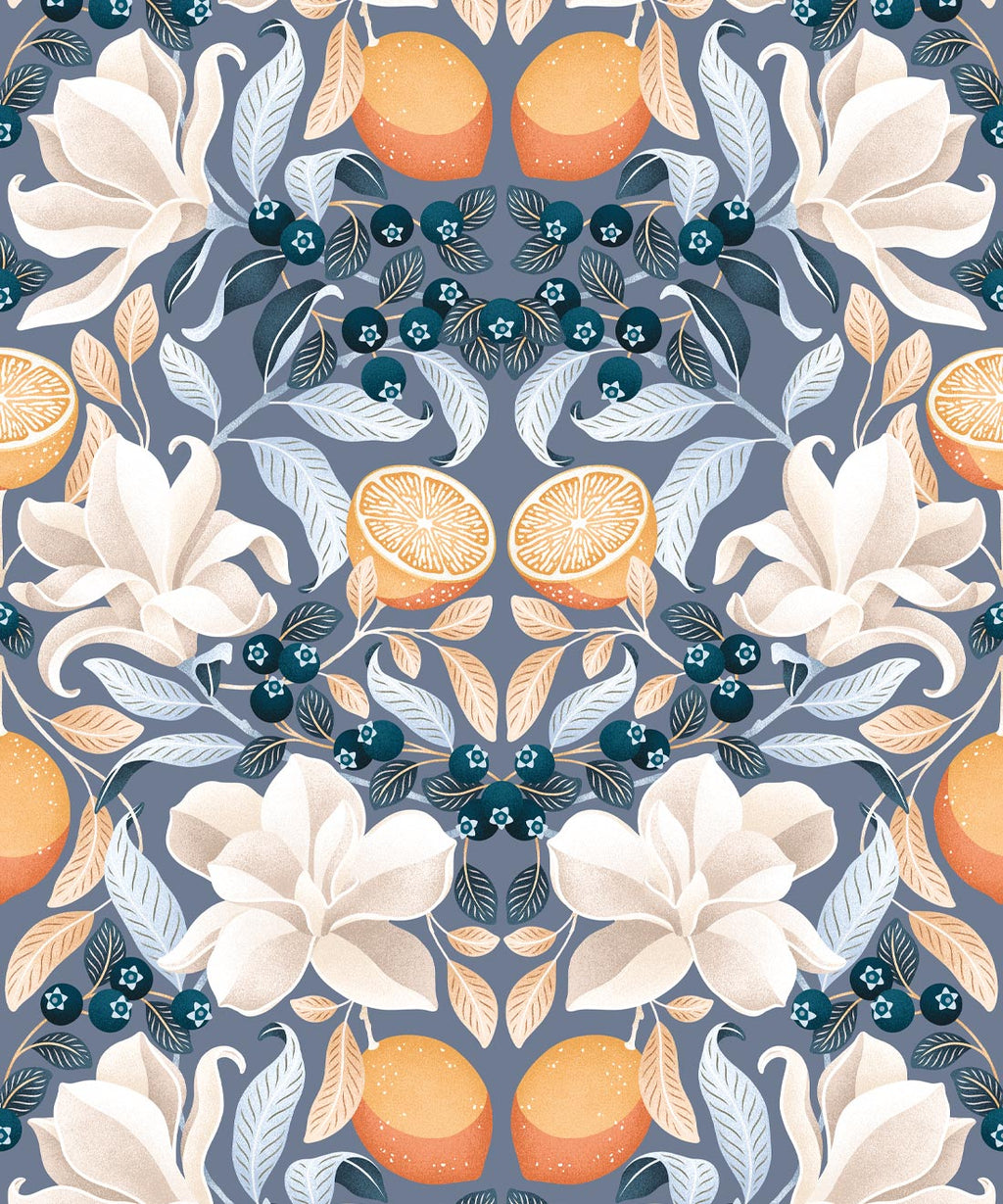 Lemons & Magnolia Wallpaper, Blue Denim