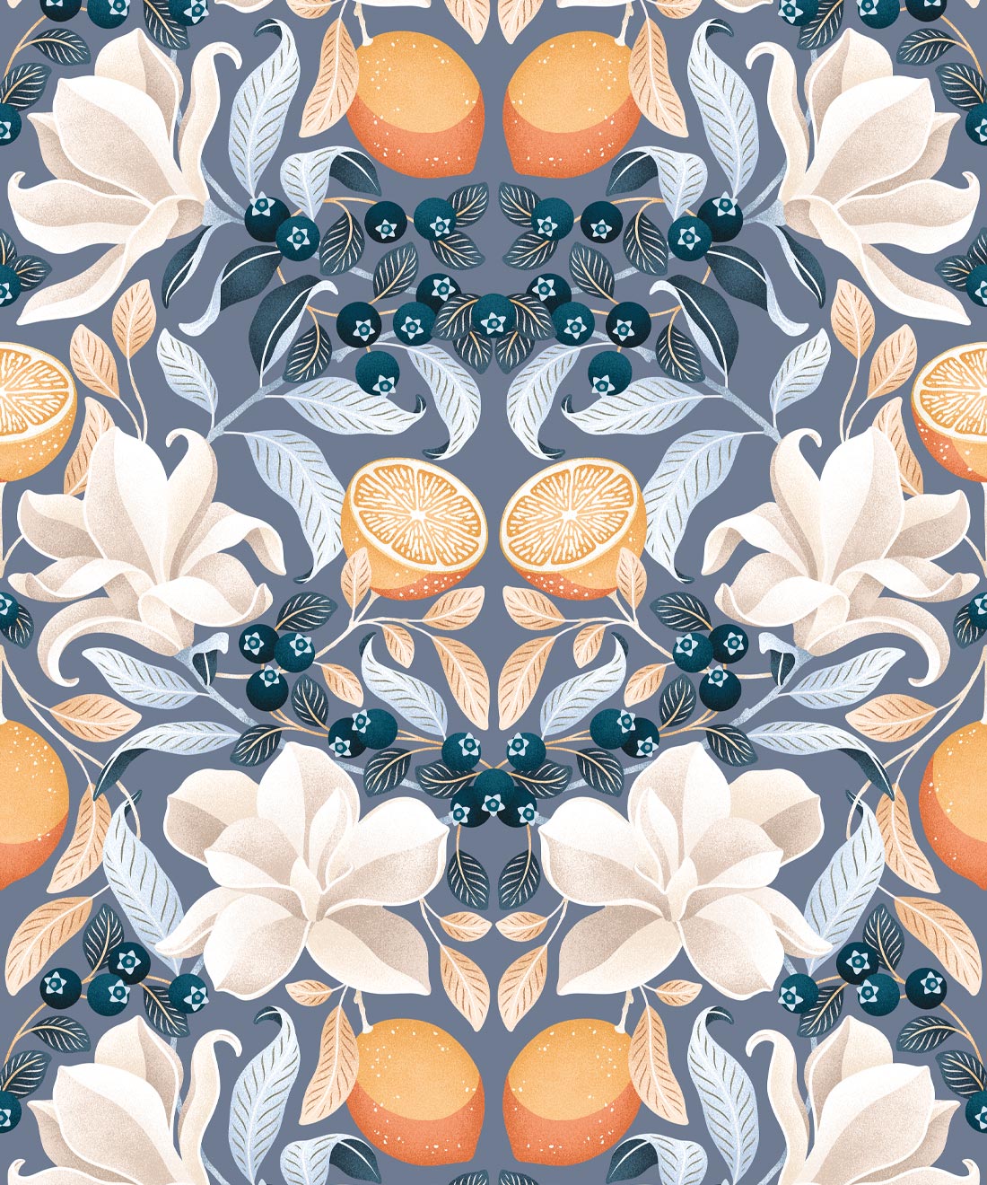Lemons & Magnolia Wallpaper, Blue Denim