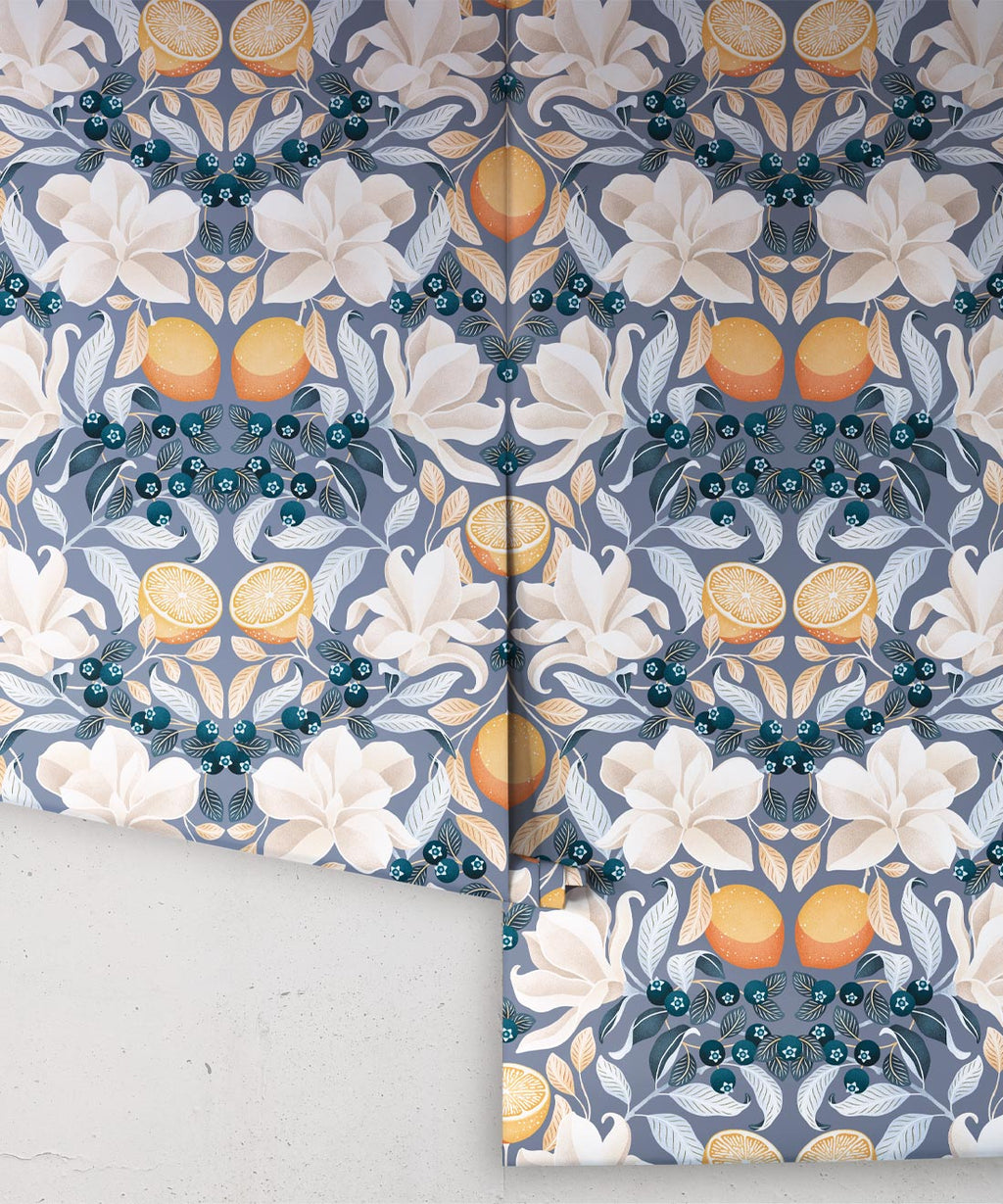 Lemons & Magnolia Wallpaper, Blue Denim