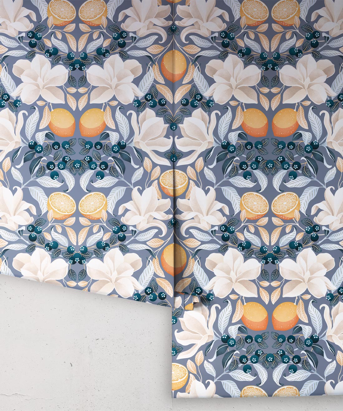 Lemons & Magnolia Wallpaper, Blue Denim