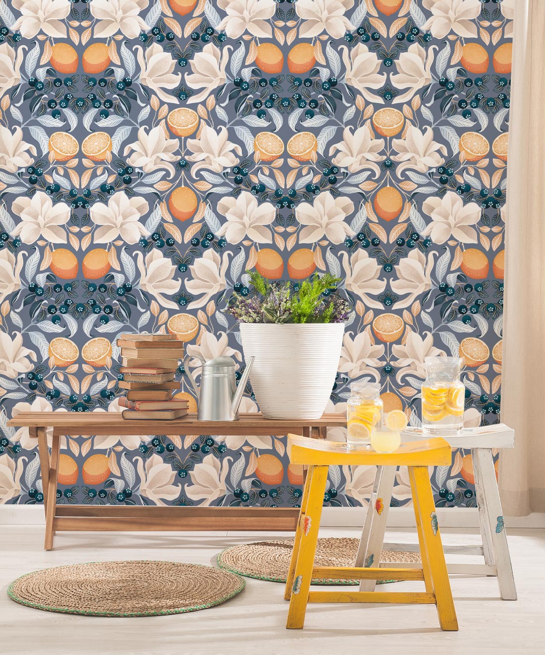 Lemons & Magnolia Wallpaper, Blue Denim