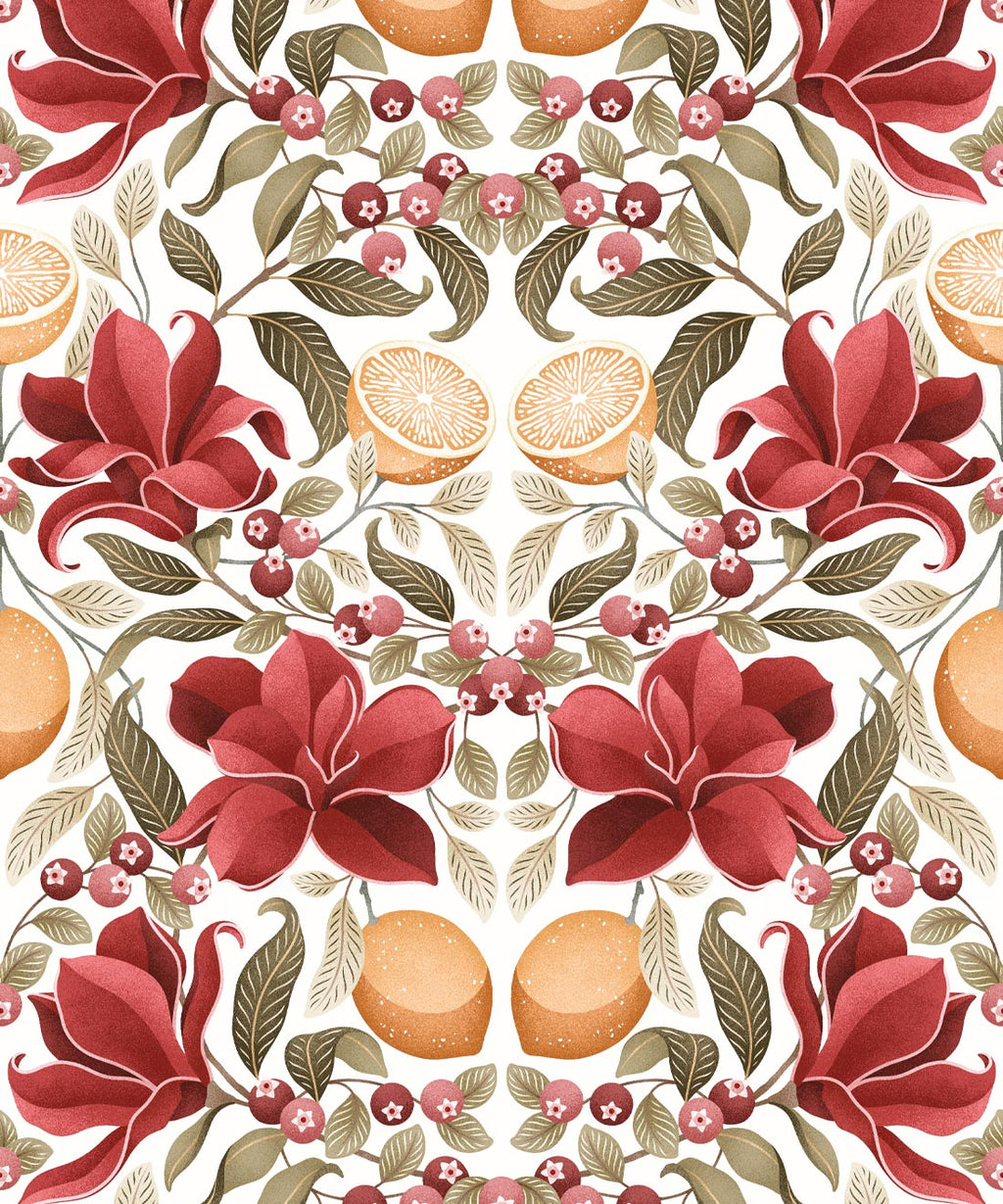 Lemons & Magnolia Wallpaper, Crimson & Olive