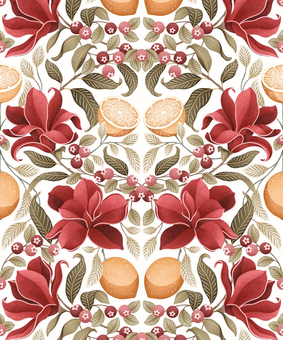 Lemons & Magnolia Wallpaper, Crimson & Olive