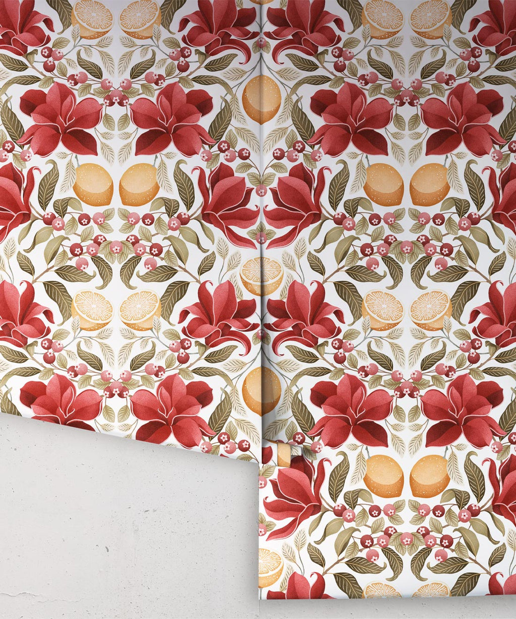 Lemons & Magnolia Wallpaper, Crimson & Olive