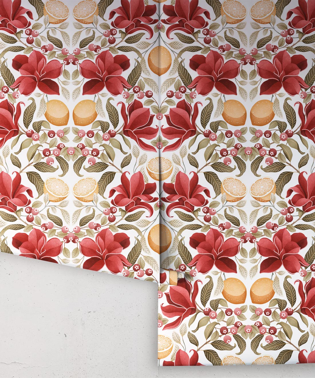 Lemons & Magnolia Wallpaper, Crimson & Olive