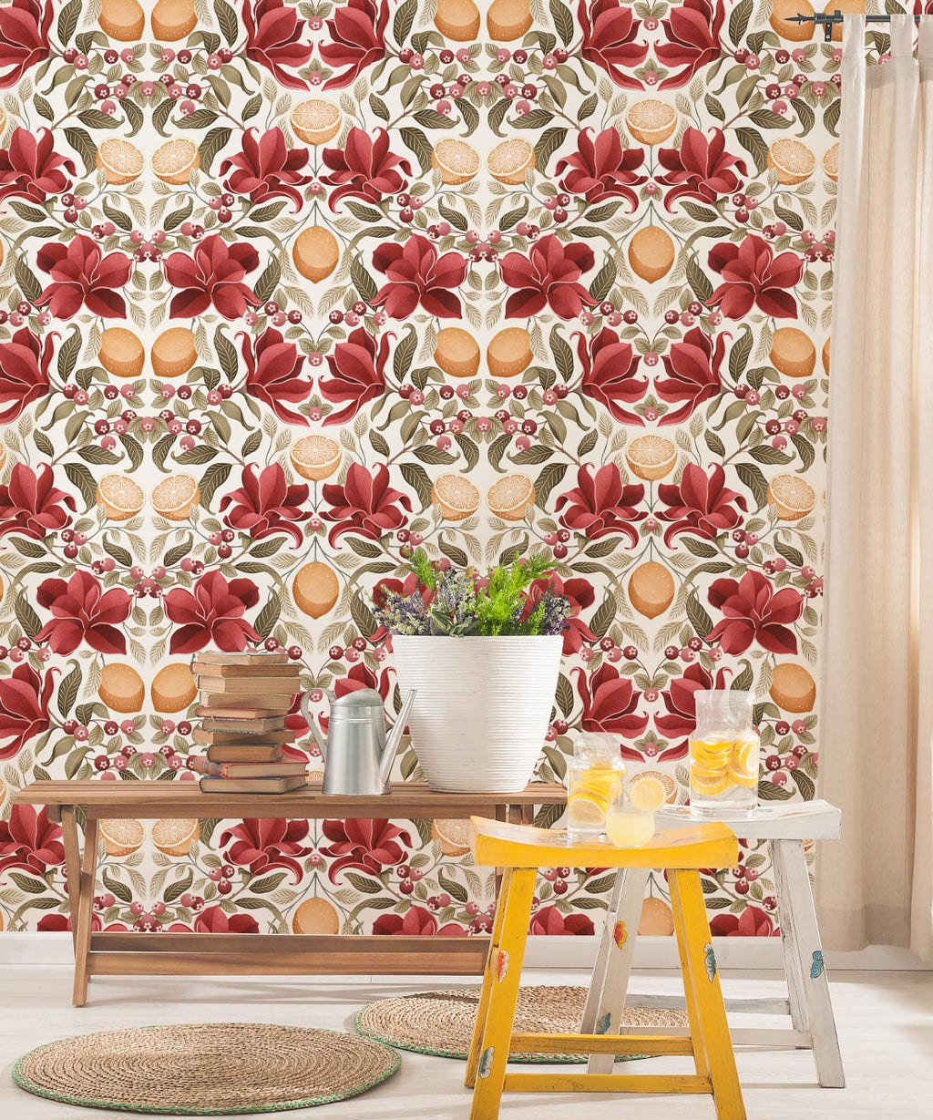 Lemons & Magnolia Wallpaper, Crimson & Olive