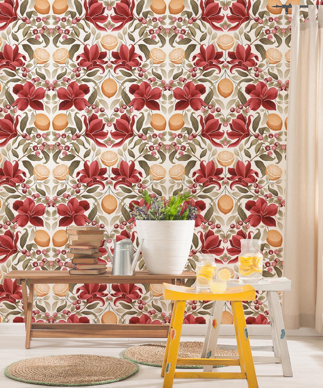 Lemons & Magnolia Wallpaper, Crimson & Olive