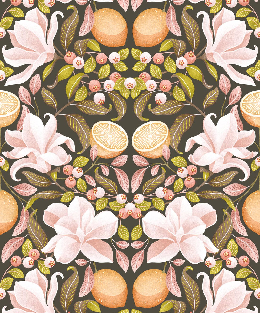 Lemons & Magnolia Wallpaper, Juniper & Dusty Pink