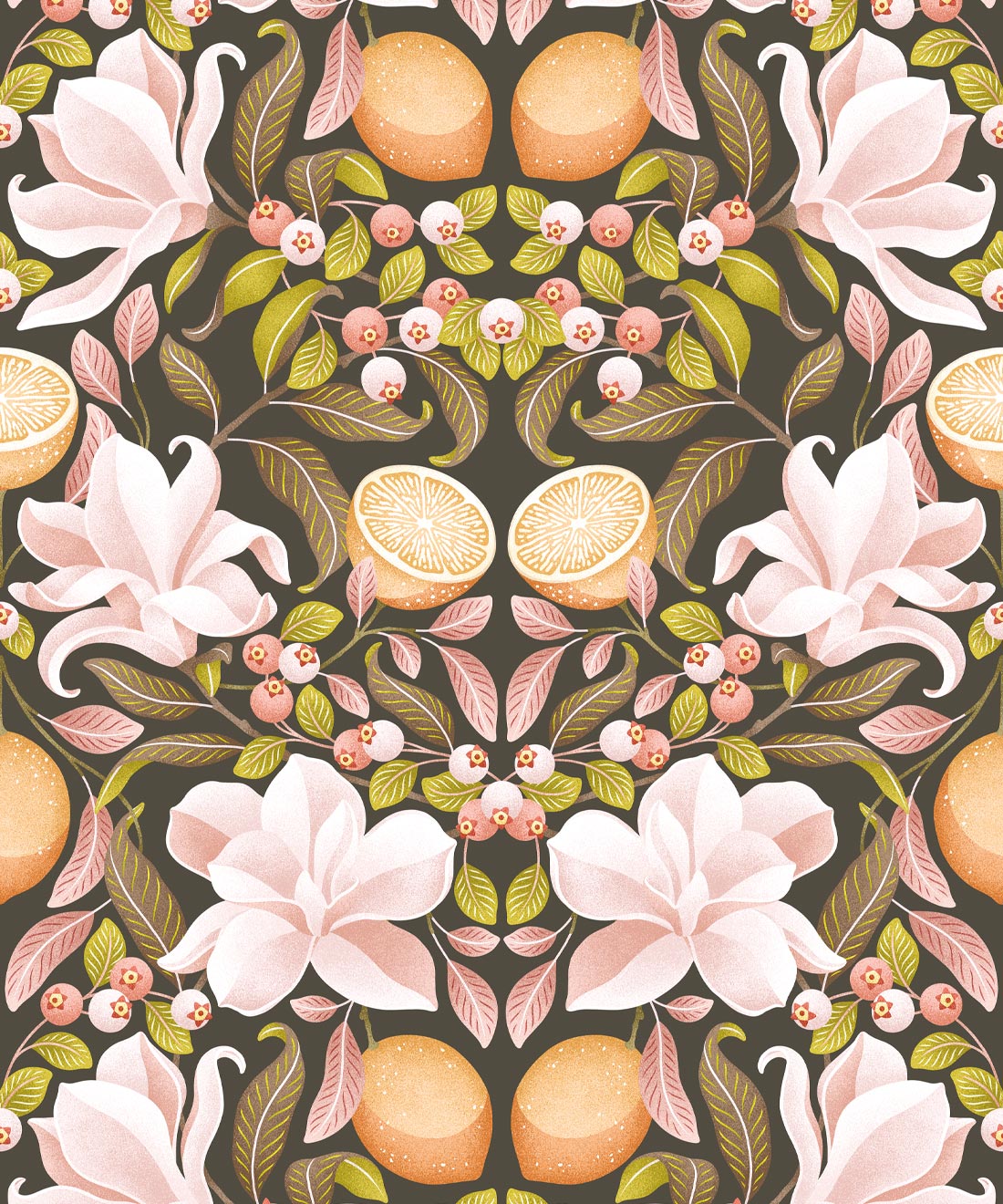 Lemons & Magnolia Wallpaper, Juniper & Dusty Pink