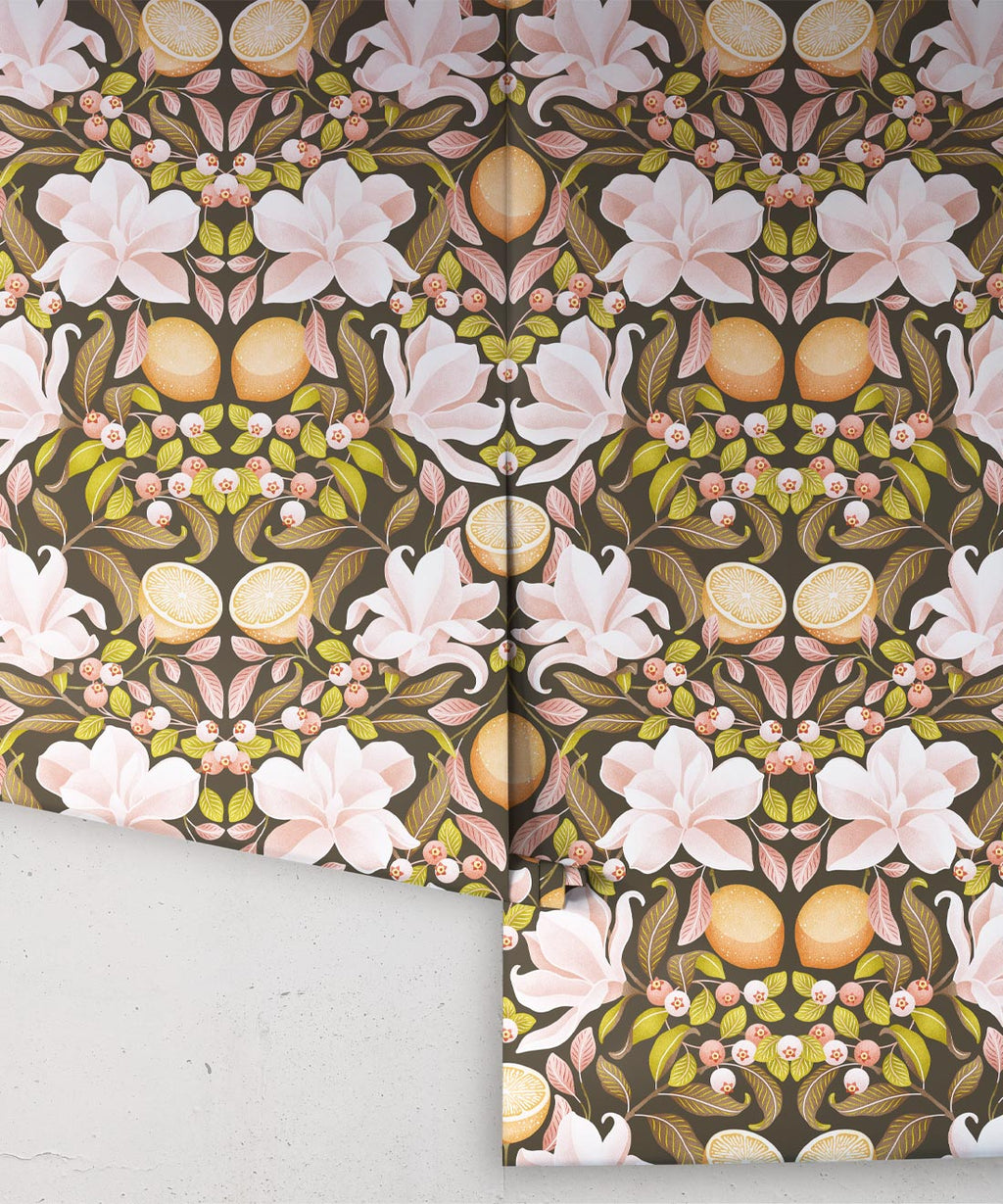 Lemons & Magnolia Wallpaper, Juniper & Dusty Pink