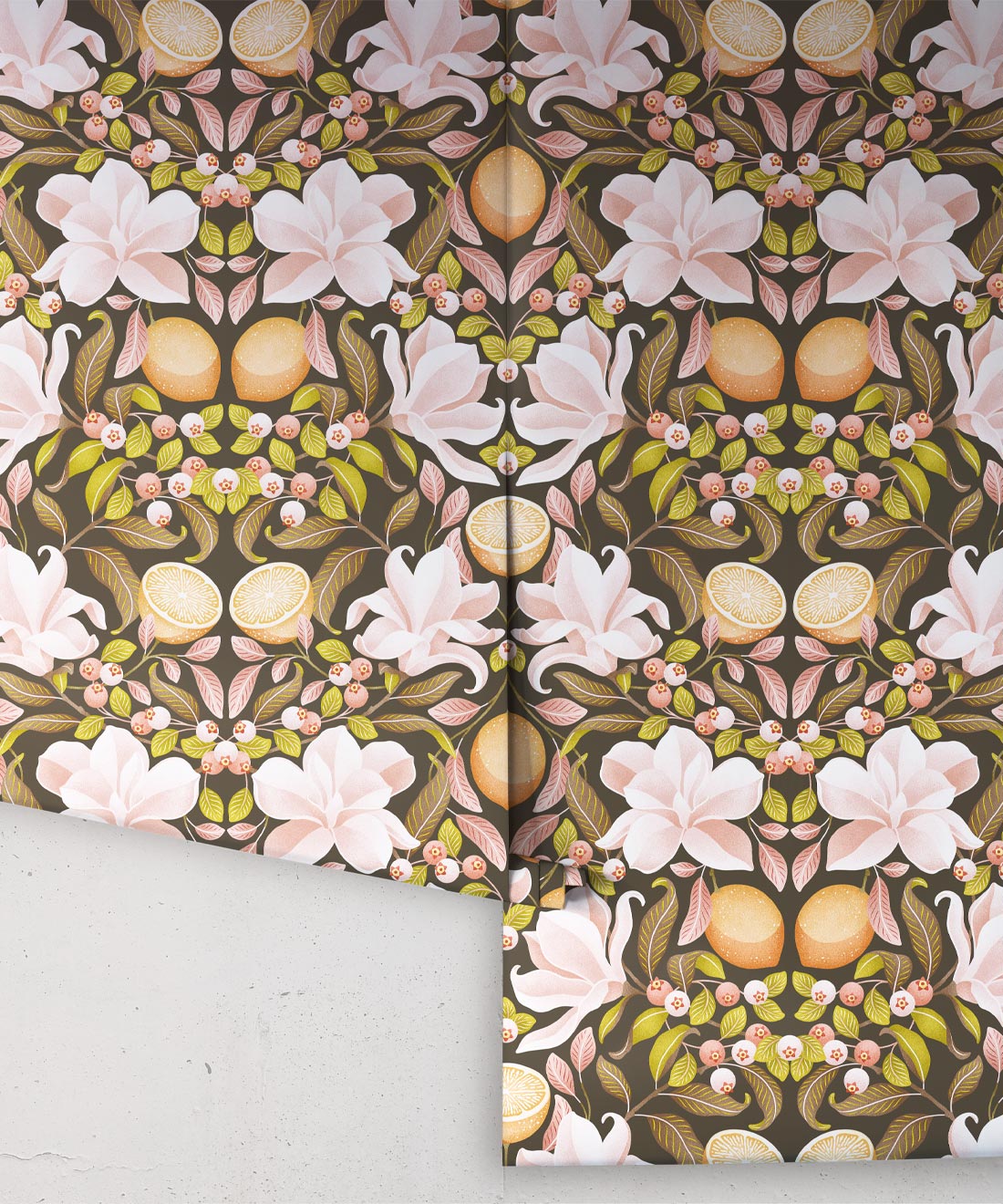 Lemons & Magnolia Wallpaper, Juniper & Dusty Pink