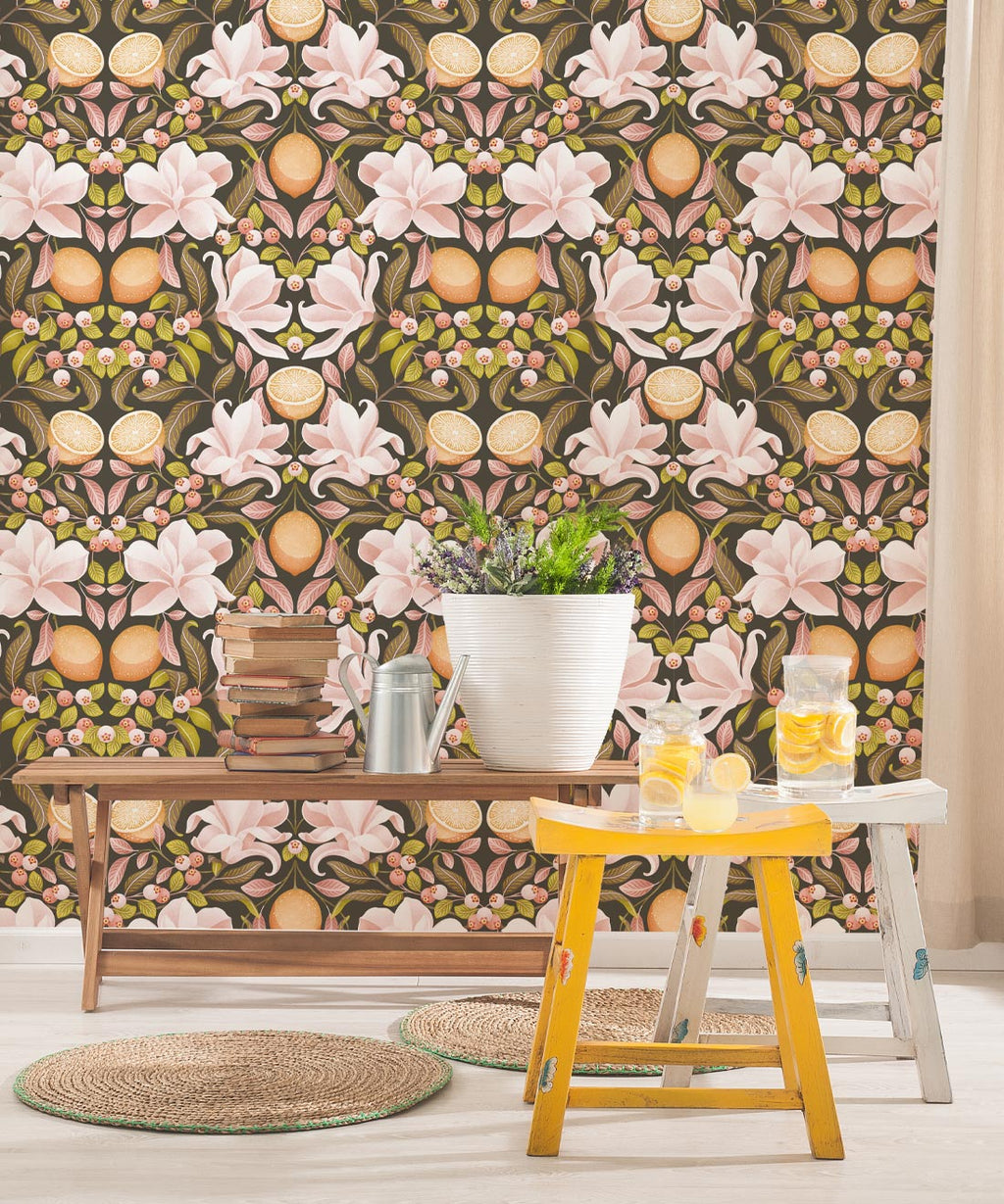 Lemons & Magnolia Wallpaper, Juniper & Dusty Pink