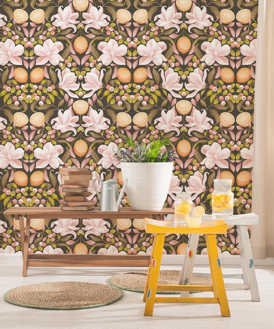 Lemons & Magnolia Wallpaper, Juniper & Dusty Pink