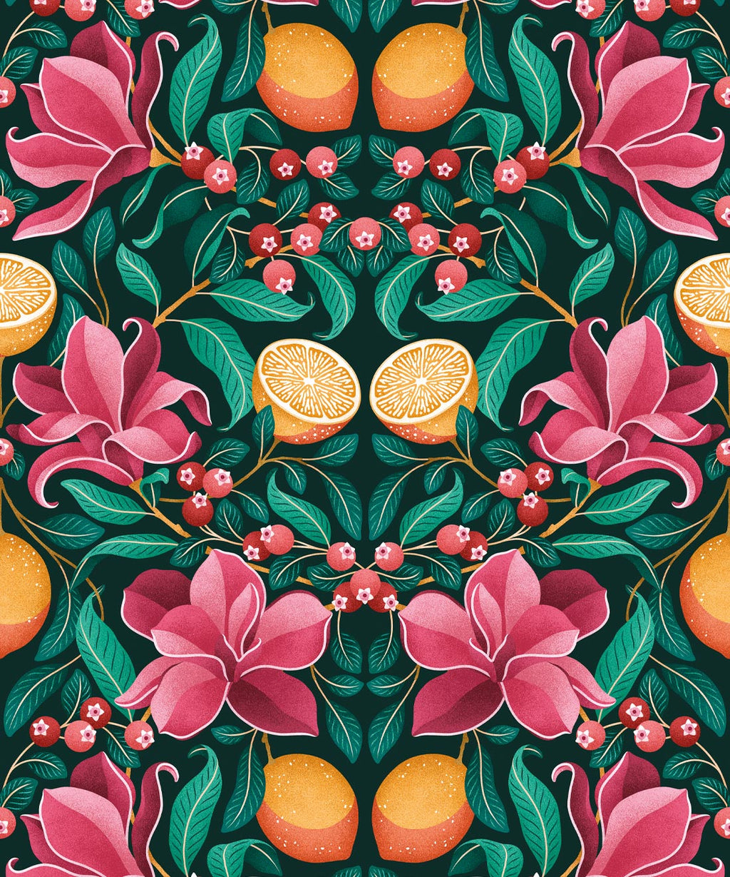 Lemons & Magnolia Wallpaper, Ruby & Emerald