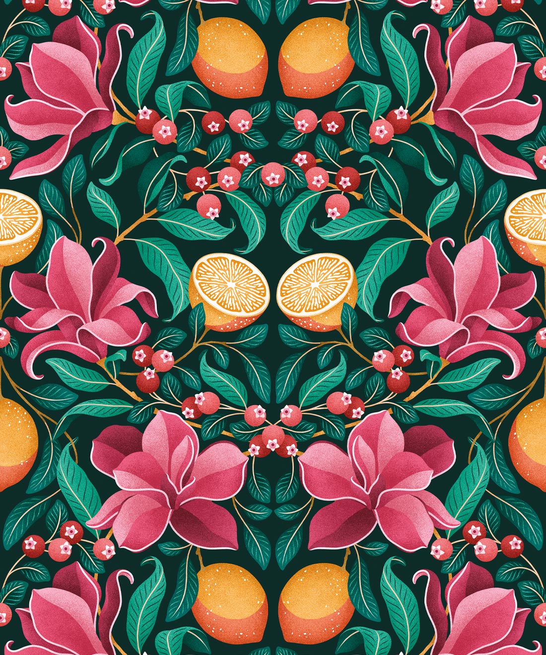 Lemons & Magnolia Wallpaper, Ruby & Emerald