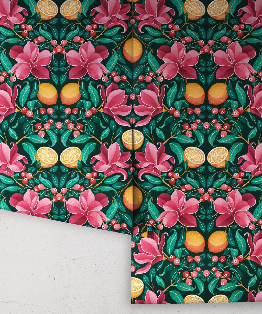 Lemons & Magnolia Wallpaper, Ruby & Emerald