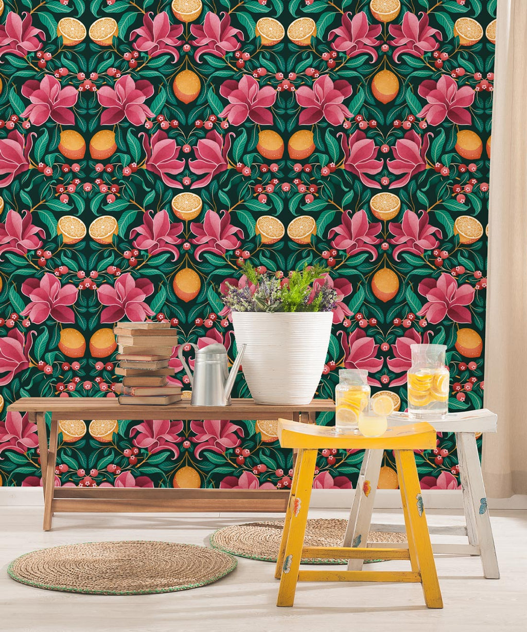 Lemons & Magnolia Wallpaper, Ruby & Emerald