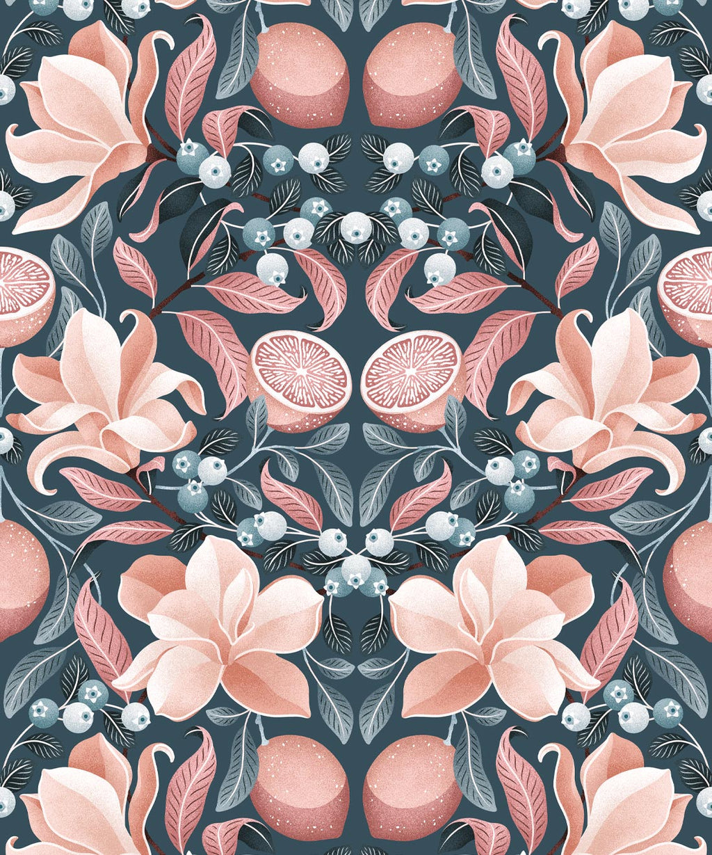 Lemons & Magnolia Wallpaper, Slate Blue & Peach