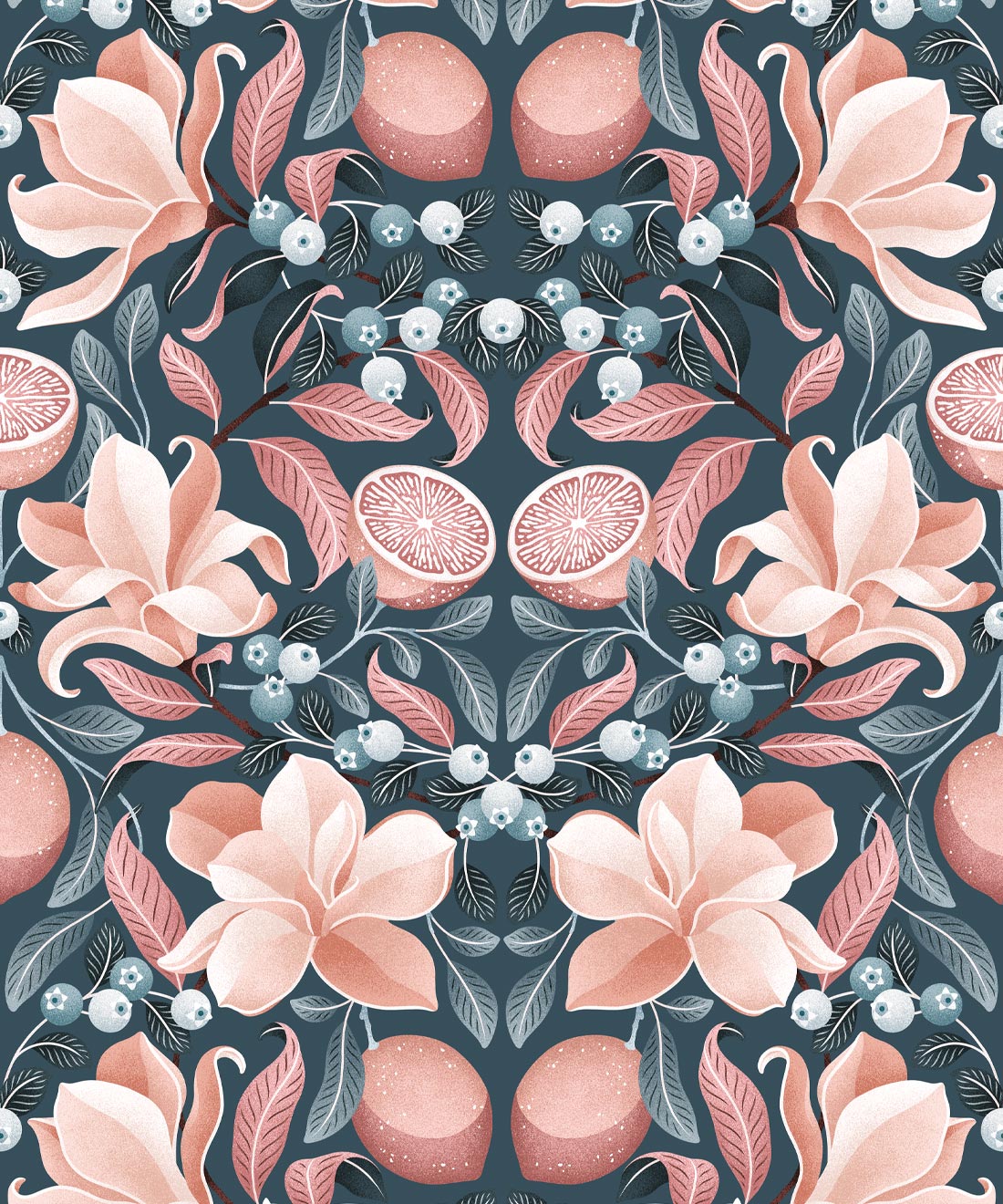 Lemons & Magnolia Wallpaper, Slate Blue & Peach