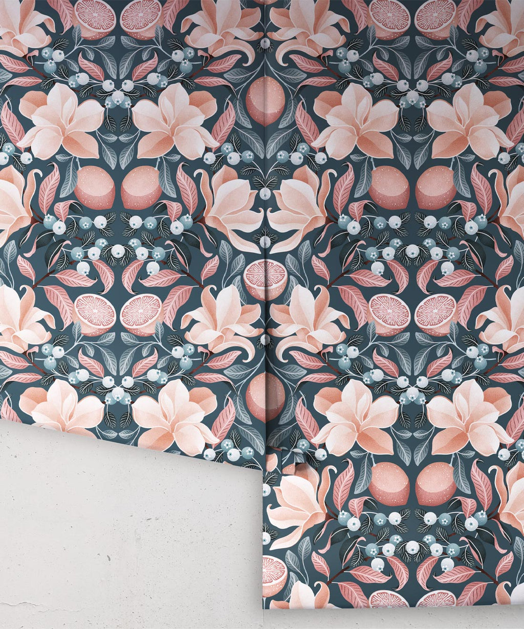 Lemons & Magnolia Wallpaper, Slate Blue & Peach