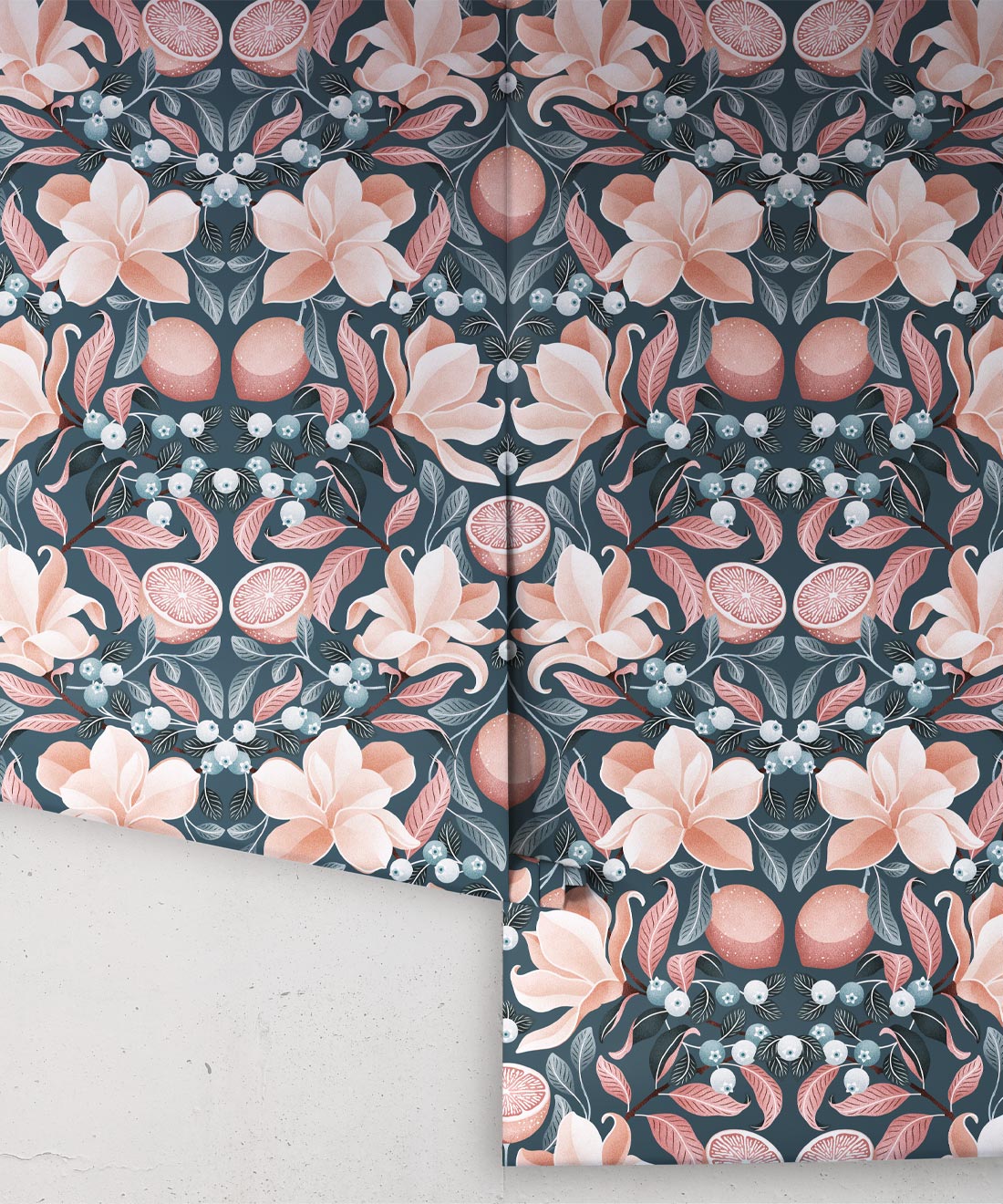 Lemons & Magnolia Wallpaper, Slate Blue & Peach