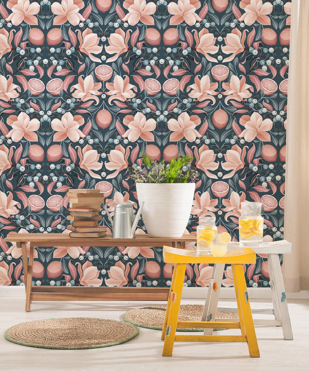 Lemons & Magnolia Wallpaper, Slate Blue & Peach