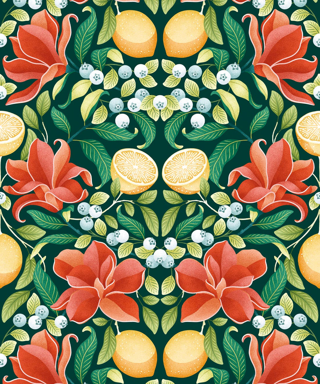 Lemons & Magnolia Wallpaper, Scarlet & Forest Green