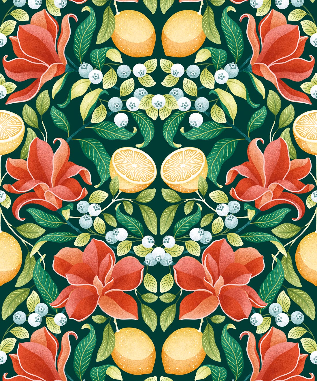 Lemons & Magnolia Wallpaper, Scarlet & Forest Green
