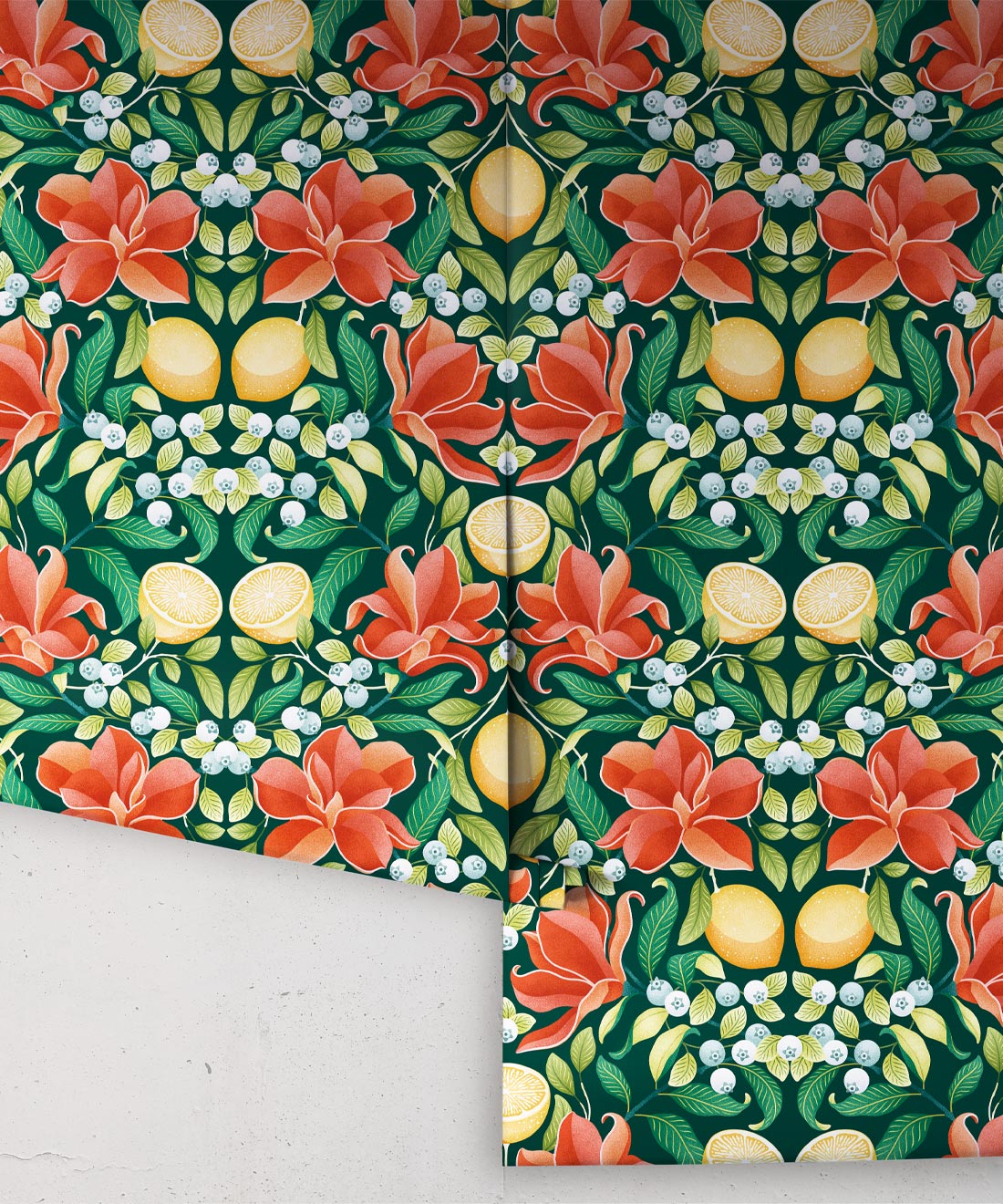 Lemons & Magnolia Wallpaper, Scarlet & Forest Green