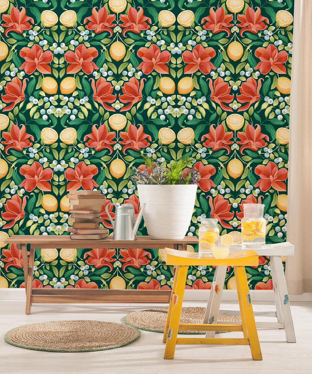 Lemons & Magnolia Wallpaper, Scarlet & Forest Green