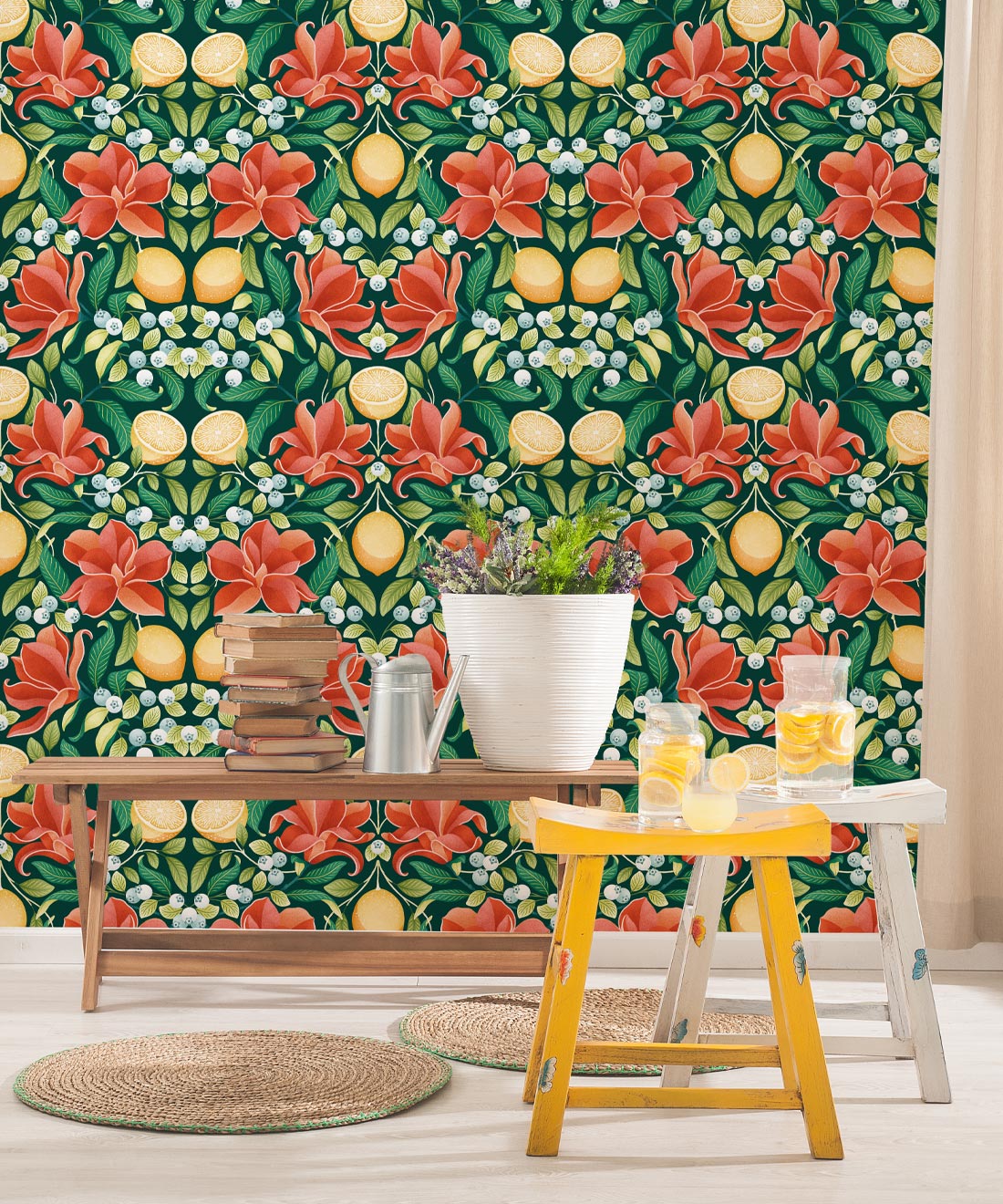 Lemons & Magnolia Wallpaper, Scarlet & Forest Green
